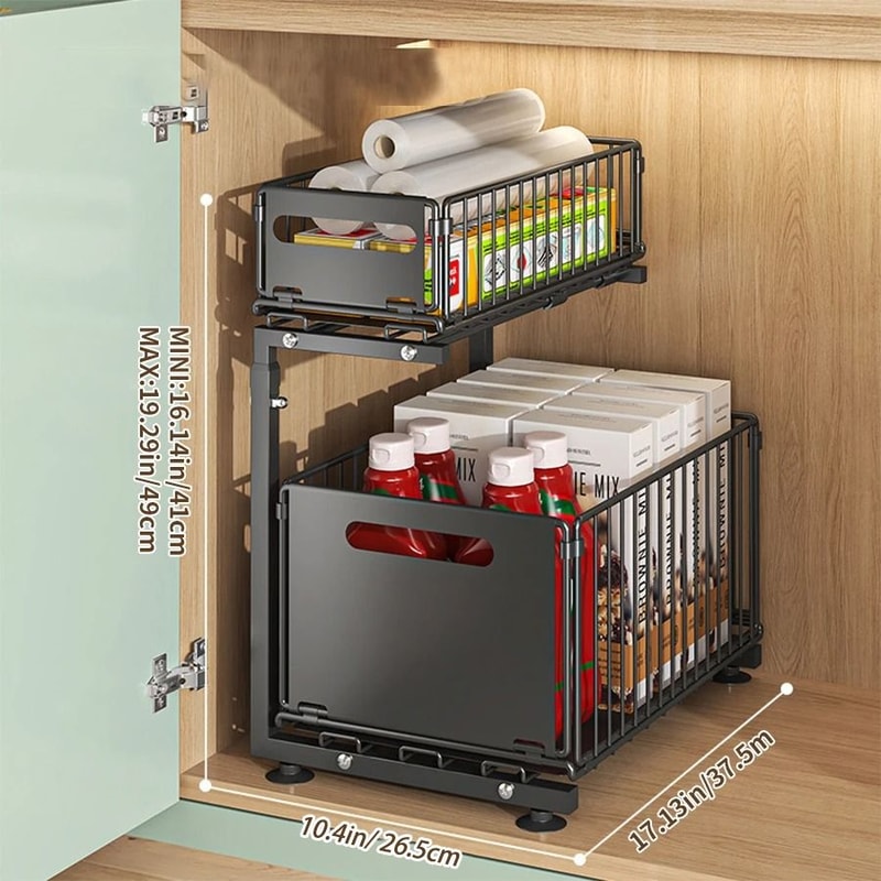 Adjustable 2Tier Under Sink Organizer PullOut Sliding Cabinet Storage Rack With Height Control 7
