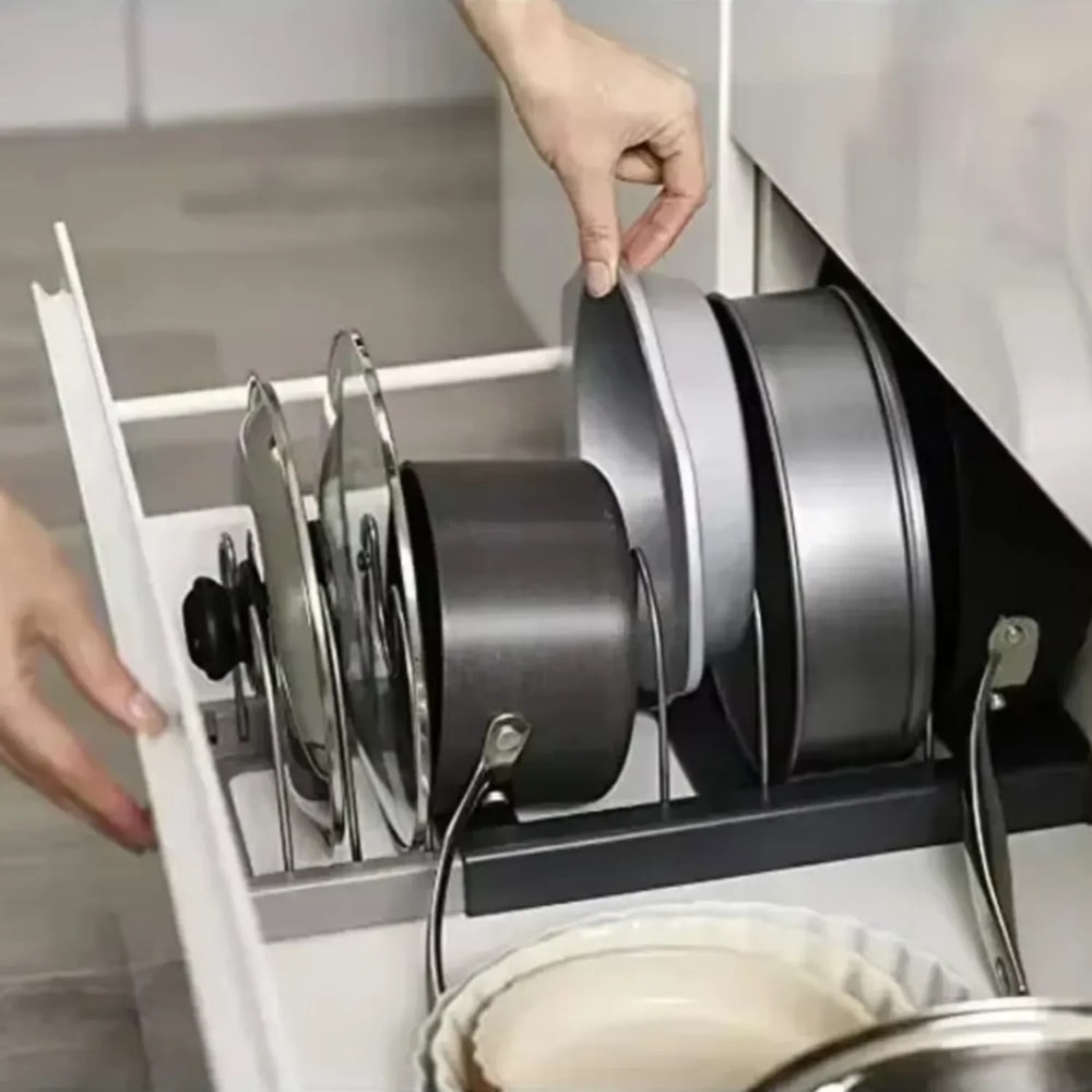 Expandable Pots And Pans Organizer Rack Adjustable Cabinet Pan And Lid Holder With 6 Shelves 3