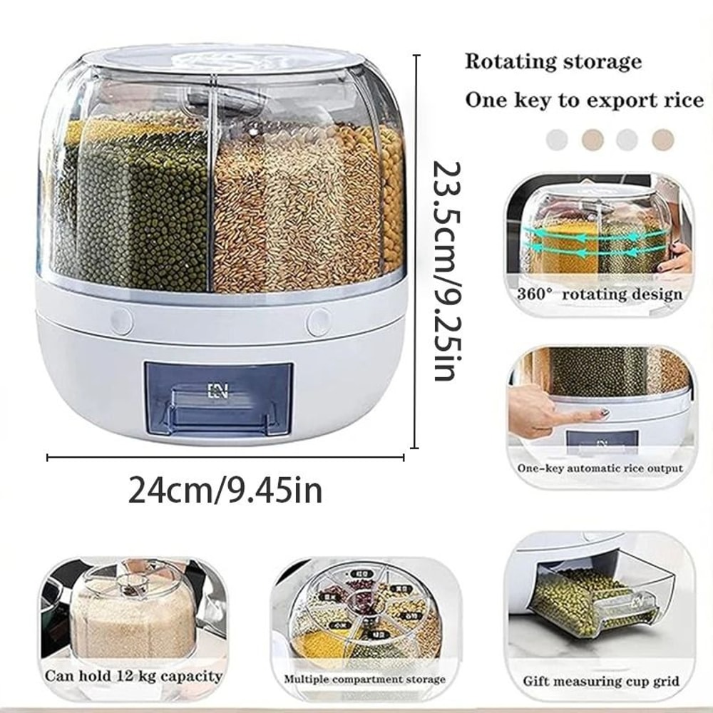 360 Rotating Grain Dispenser 6Grid Airtight Rice Storage Container With OneTouch Release 5