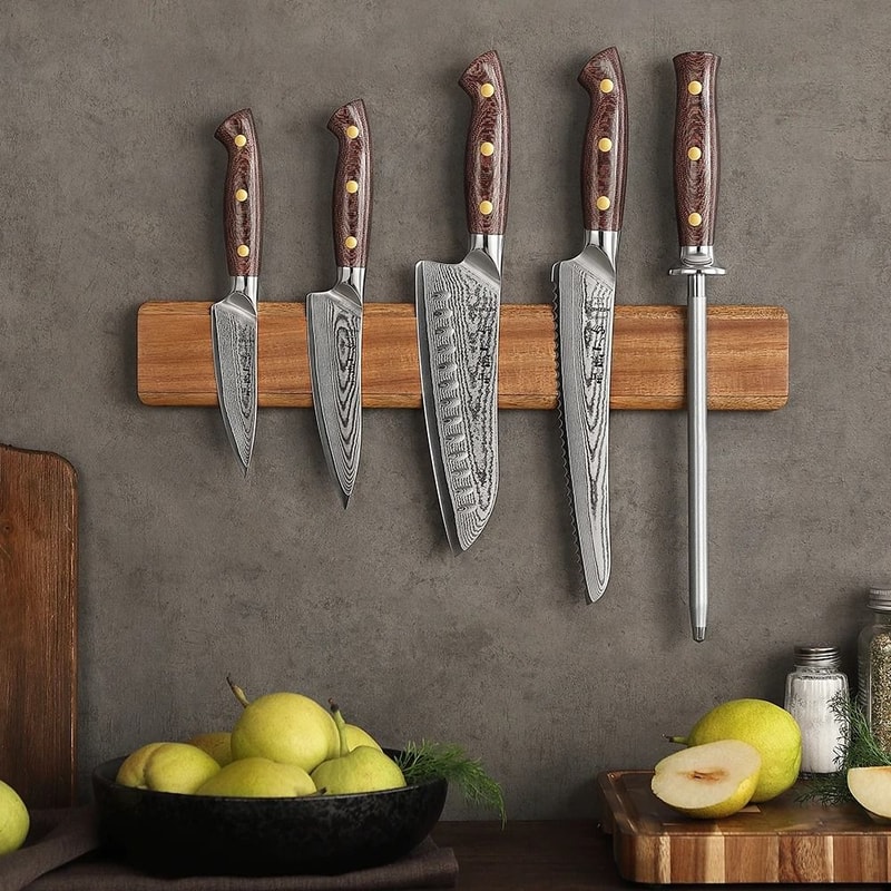 HEZHEN Acacia Wood Magnetic Knife Holder 400mm Wall Mounted Knife Storage Rack 4