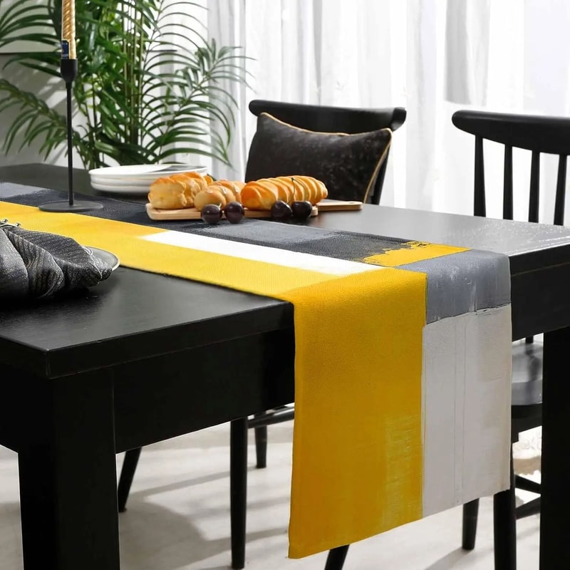 Abstract Geometric Linen Table Runner Modern Yellow Grey Art Table Decor 3