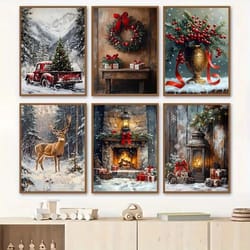 vintage red truck christmas canvas wall art nordic winter scene with reindeer decor