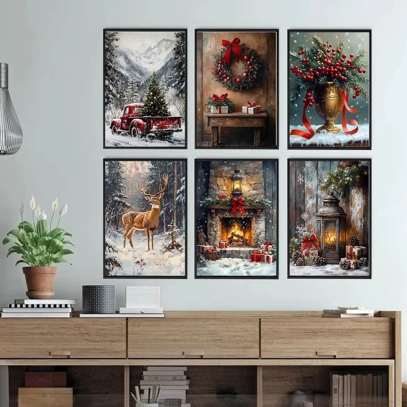 Vintage Red Truck Christmas Canvas Wall Art Nordic Winter Scene With Reindeer Decor 3