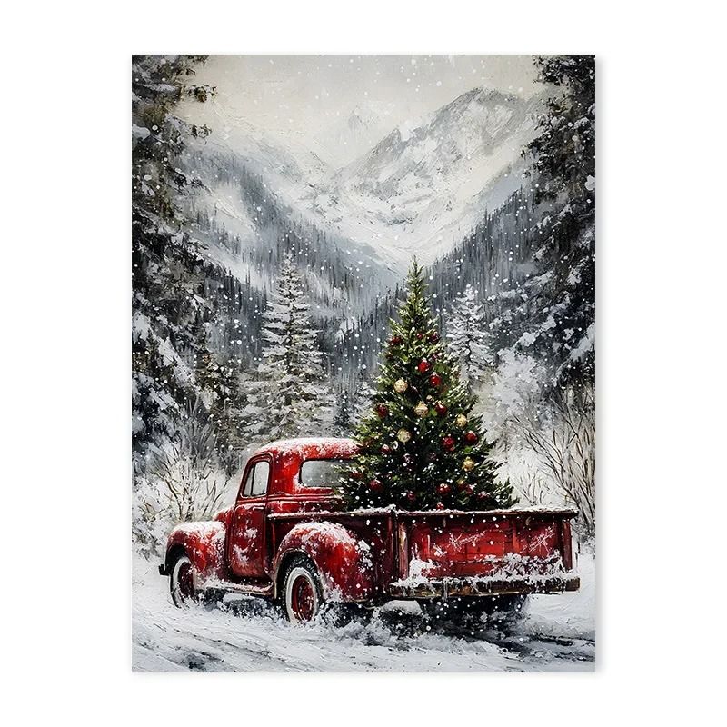 Vintage Red Truck Christmas Canvas Wall Art Nordic Winter Scene With Reindeer Decor 8