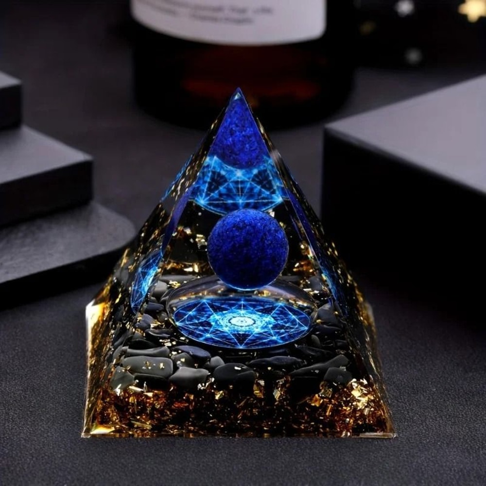 AzureAura Lapis Lazuli Crystal Ball Pyramid Decor Set With Gold Base 0