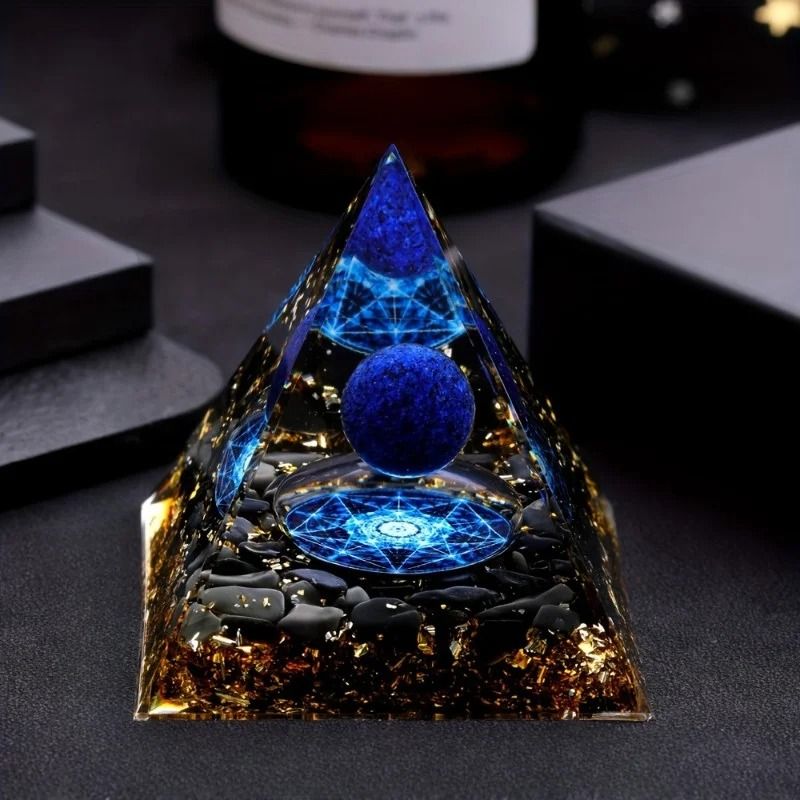 AzureAura Lapis Lazuli Crystal Ball Pyramid Decor Set With Gold Base 0
