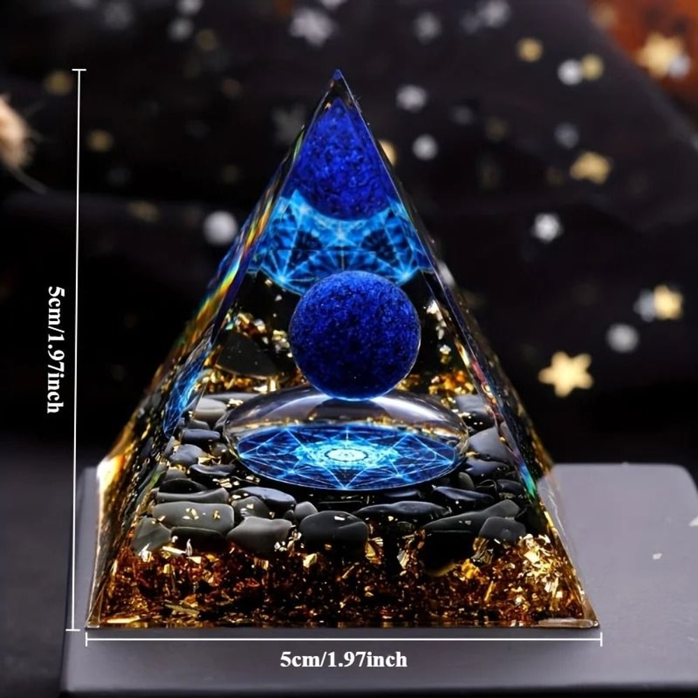 AzureAura Lapis Lazuli Crystal Ball Pyramid Decor Set With Gold Base 1
