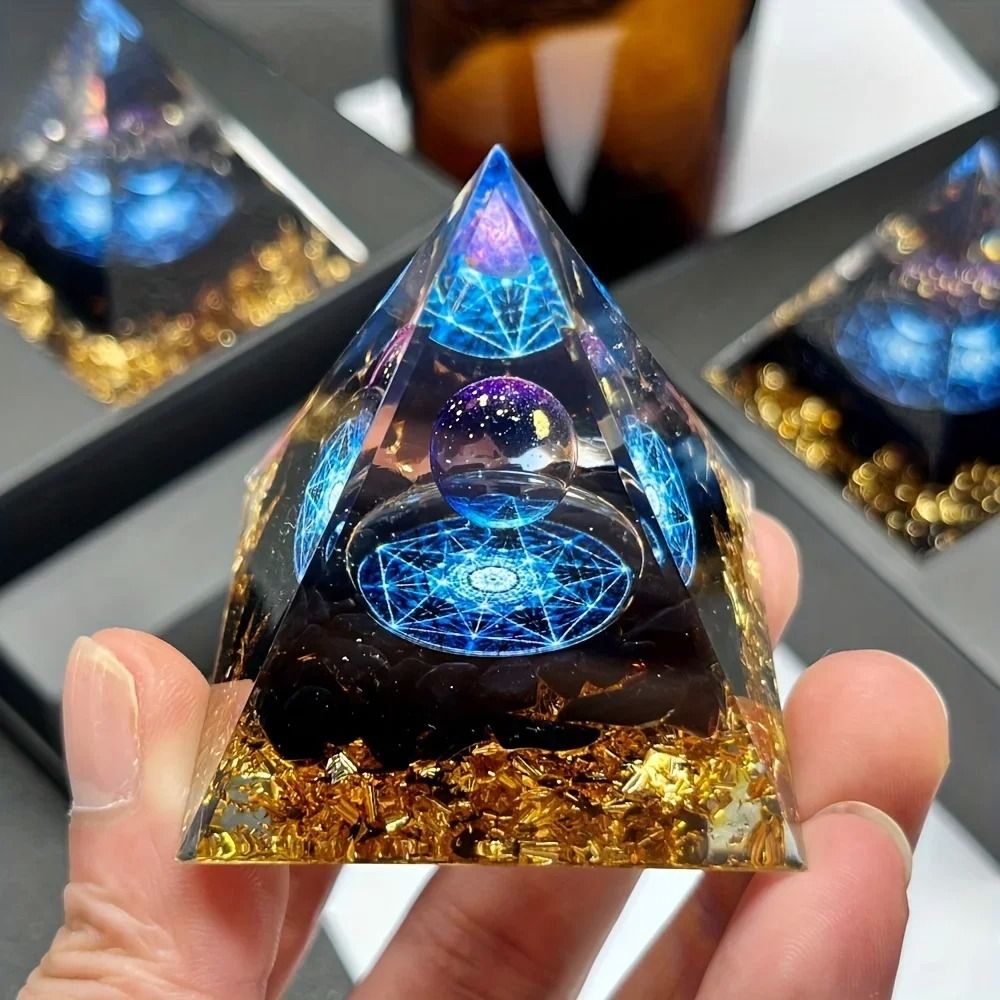 AzureAura Lapis Lazuli Crystal Ball Pyramid Decor Set With Gold Base 4