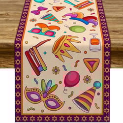 happy purim linen table runner with carnival masque design for festive dining decor