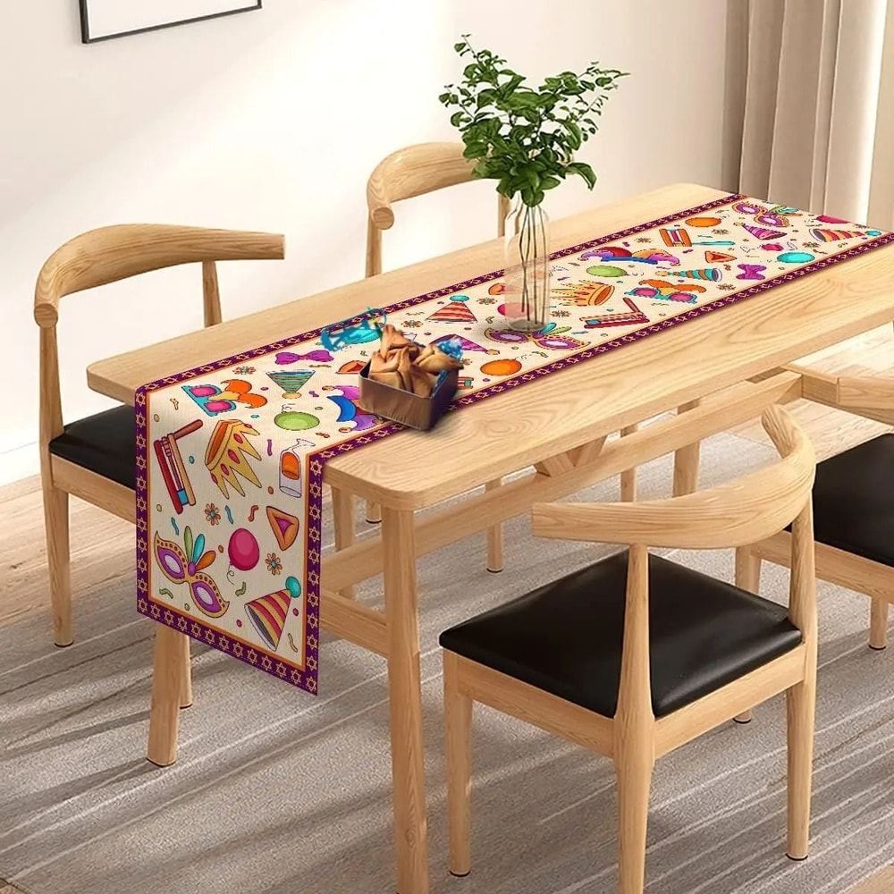 Happy Purim Linen Table Runner With Carnival Masque Design For Festive Dining Decor 1