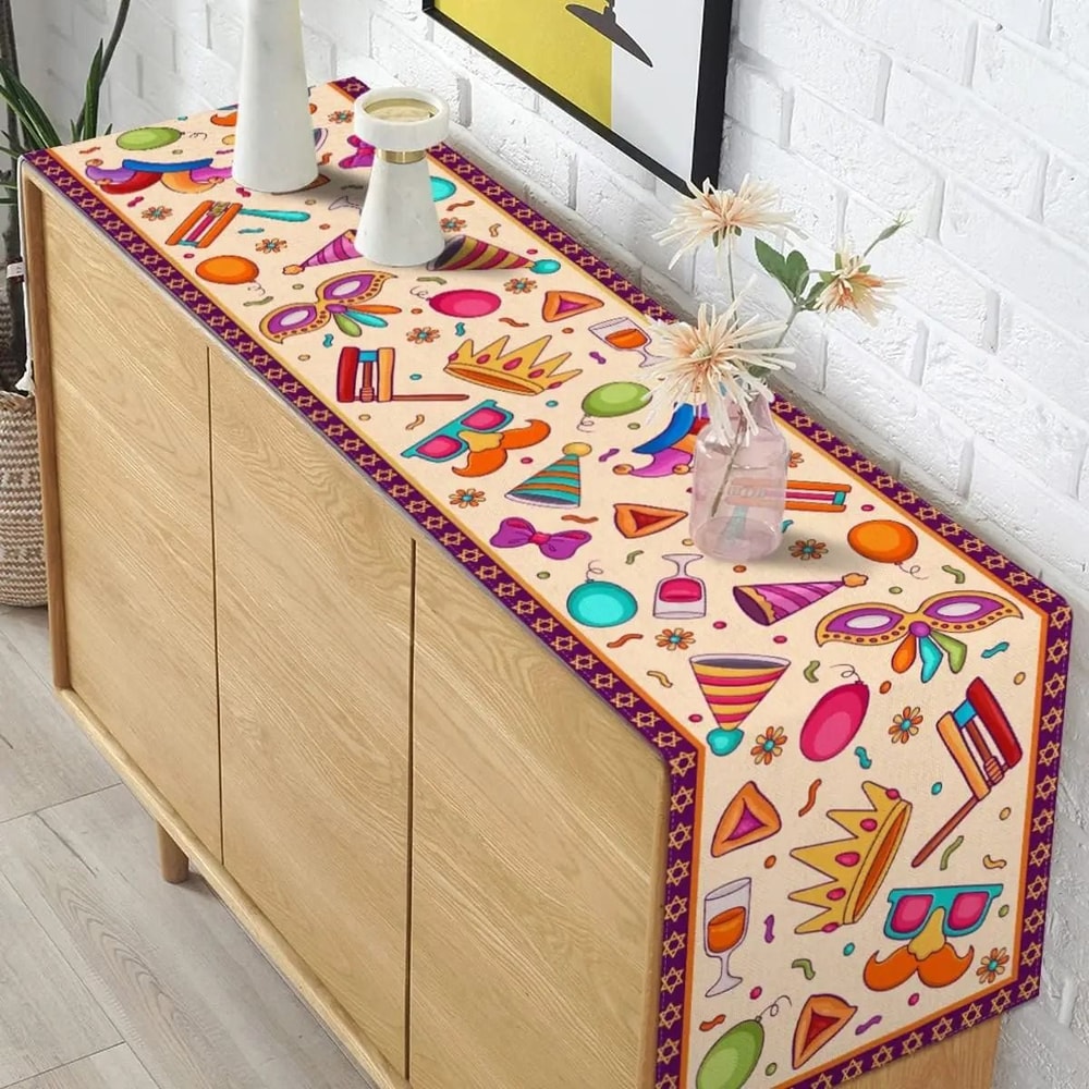 Happy Purim Linen Table Runner With Carnival Masque Design For Festive Dining Decor 2