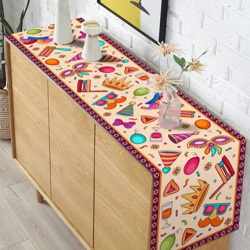 Happy Purim Linen Table Runner With Carnival Masque Design For Festive Dining Decor 2
