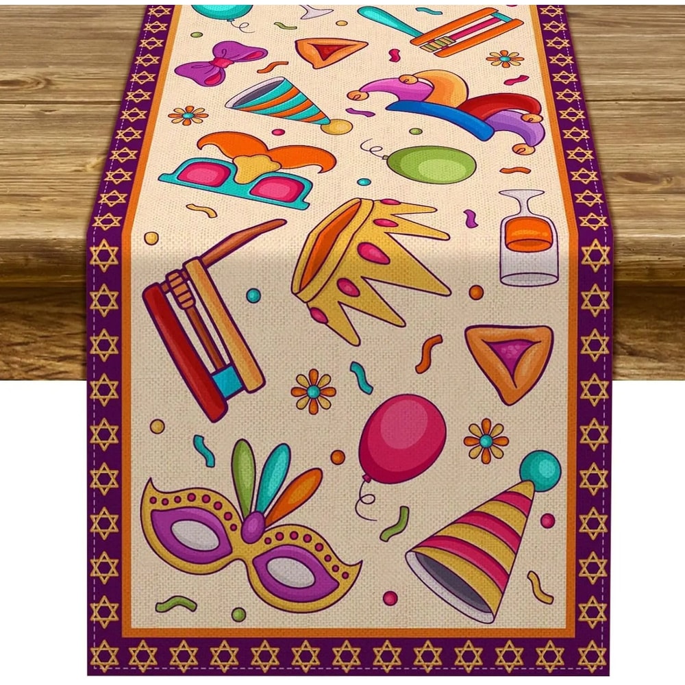 Happy Purim Linen Table Runner With Carnival Masque Design For Festive Dining Decor 5