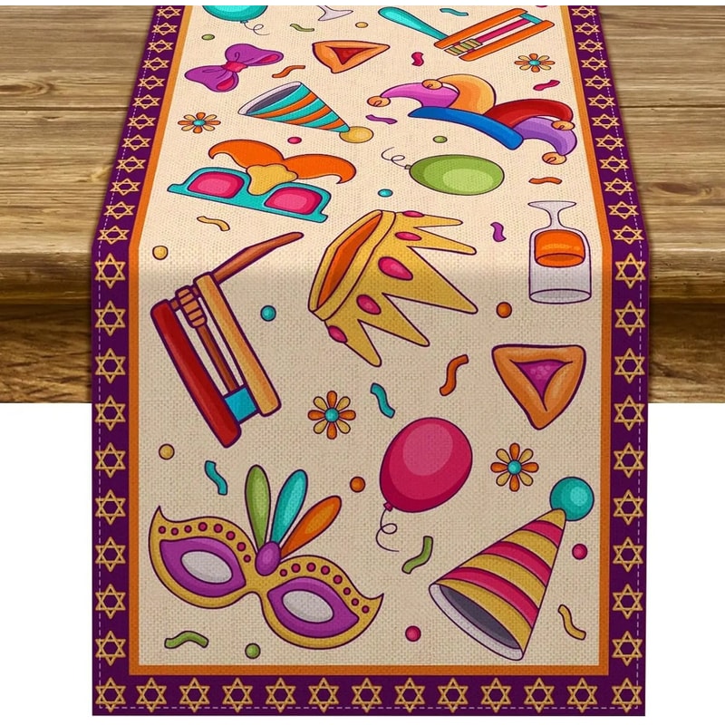Happy Purim Linen Table Runner With Carnival Masque Design For Festive Dining Decor 5