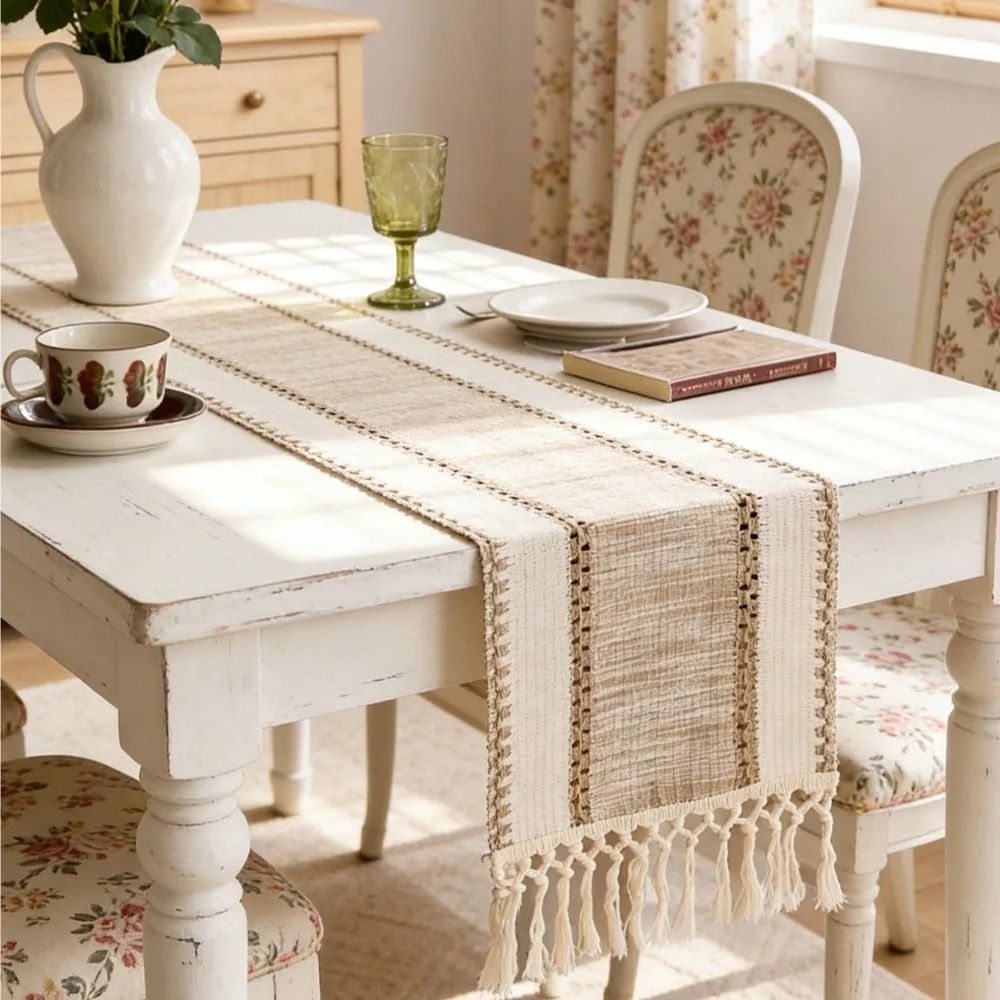 Nordic Boho Green Striped Table Runner With Handwoven Tassels 0