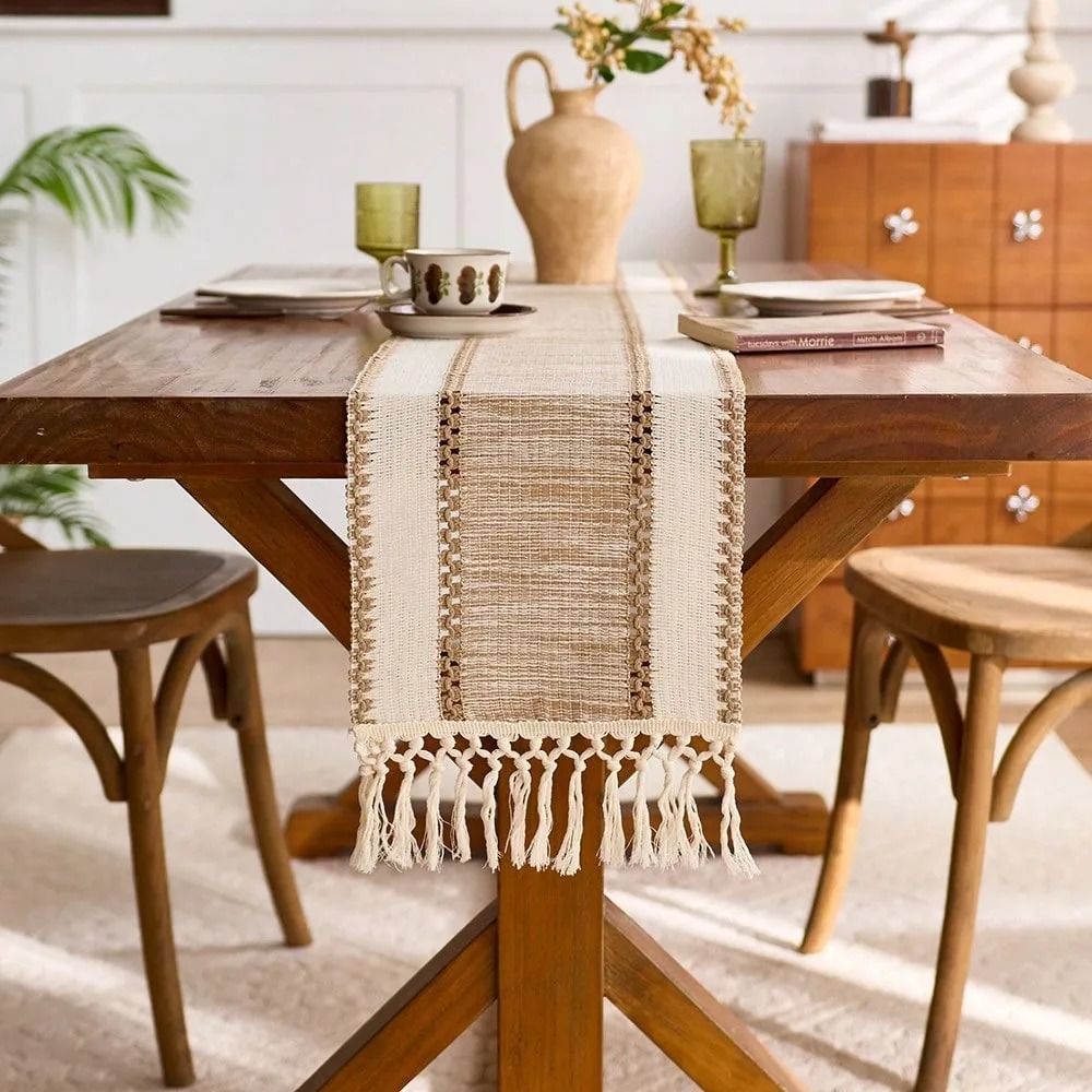 Nordic Boho Green Striped Table Runner With Handwoven Tassels 1