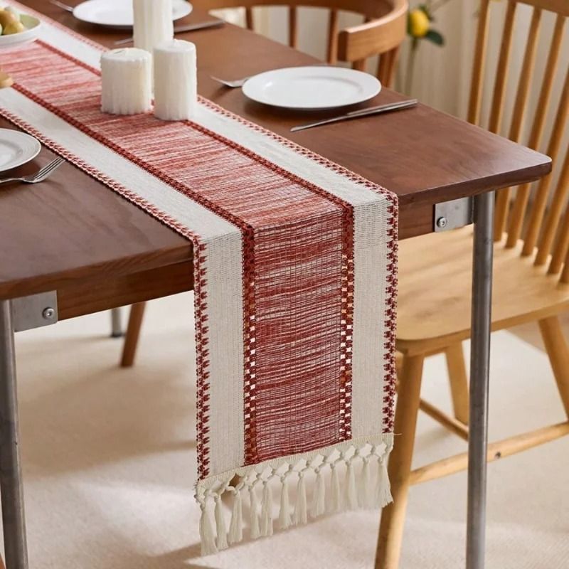 Nordic Boho Green Striped Table Runner With Handwoven Tassels 8