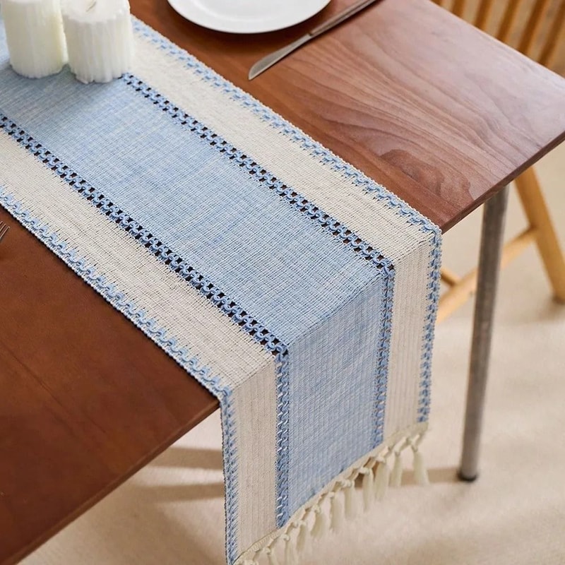 Nordic Boho Green Striped Table Runner With Handwoven Tassels 9