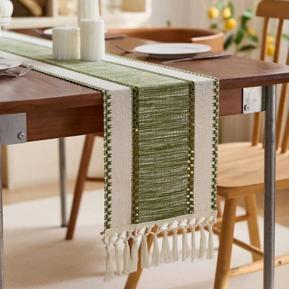 Nordic Boho Green Striped Table Runner With Handwoven Tassels 10