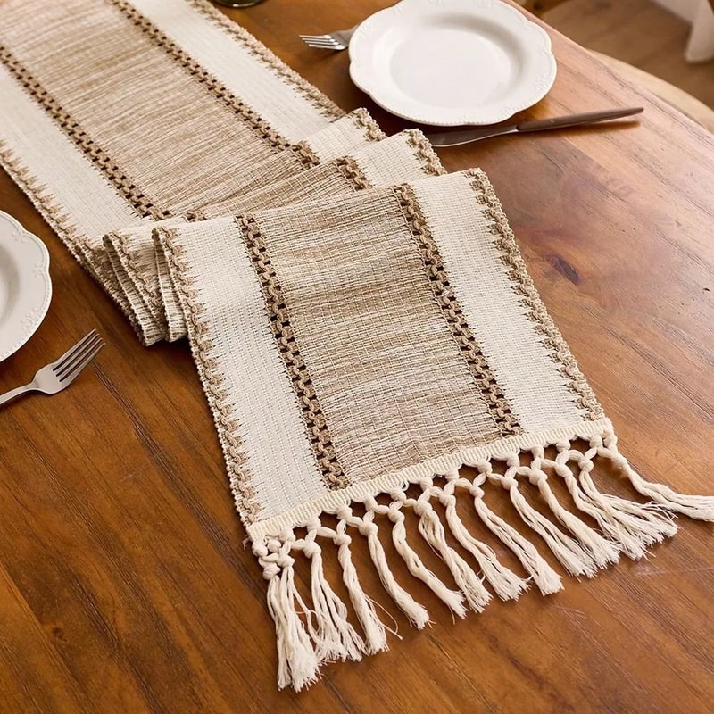 Nordic Boho Green Striped Table Runner With Handwoven Tassels 3