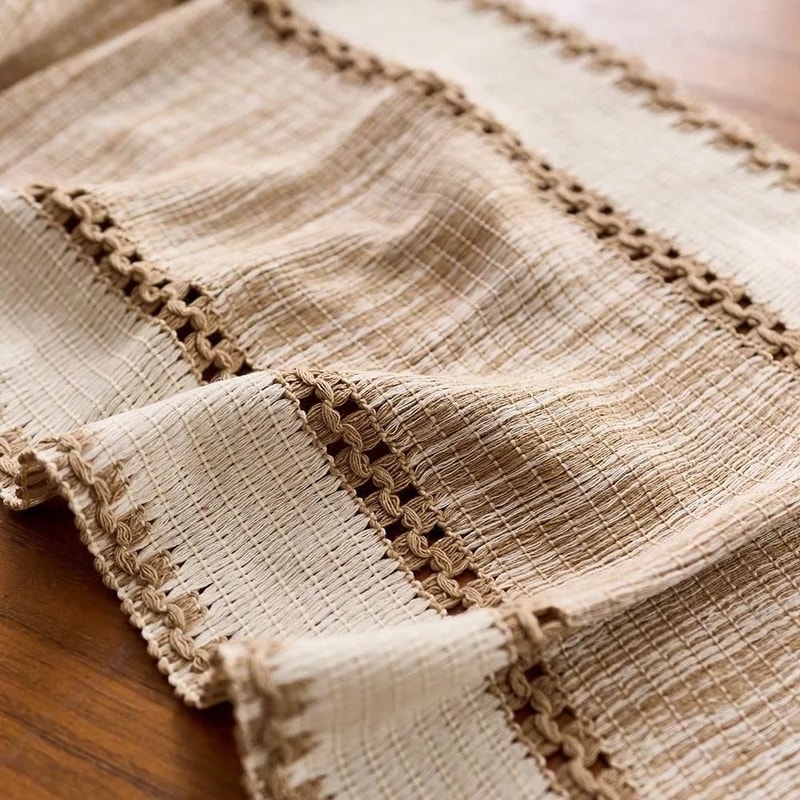 Nordic Boho Green Striped Table Runner With Handwoven Tassels 5