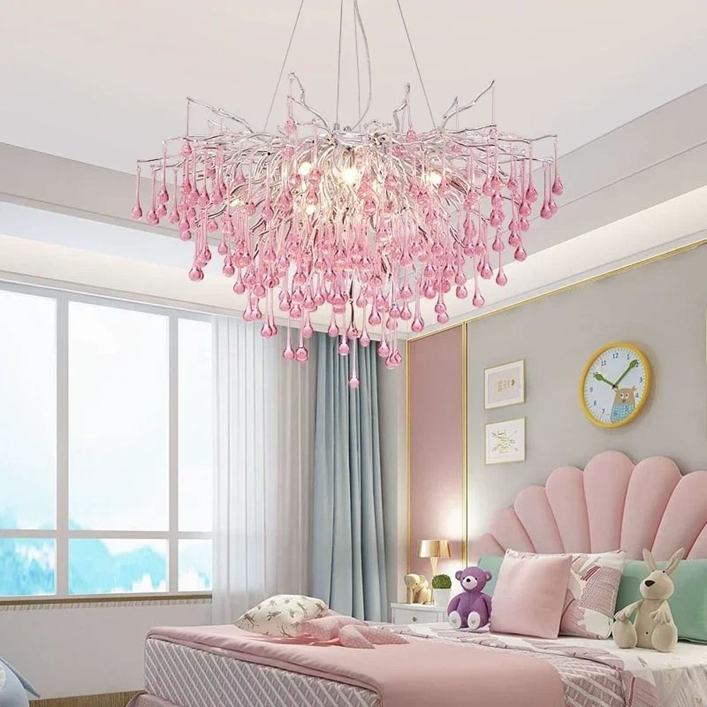 Modern Crystal Branch Chandelier Pink Blue Teardrop Ceiling Light 0