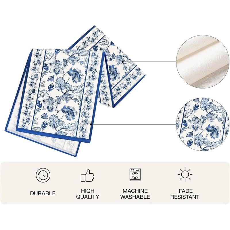 Blue Floral Linen Table Runner Farmhouse Style Dining Decor For Kitchen And Wedding Tables 2