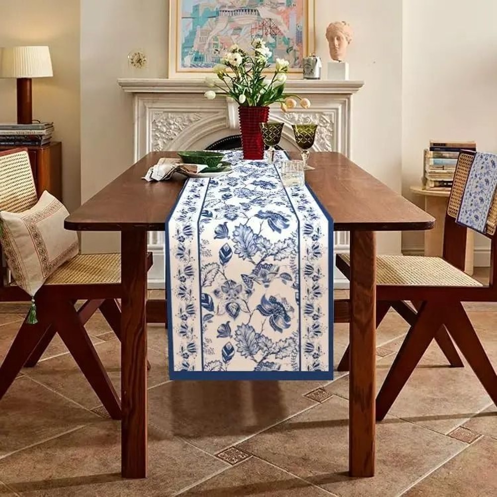 Blue Floral Linen Table Runner Farmhouse Style Dining Decor For Kitchen And Wedding Tables 3