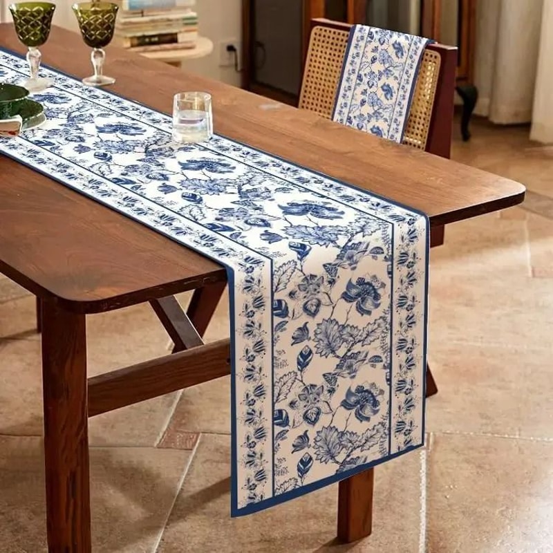 Blue Floral Linen Table Runner Farmhouse Style Dining Decor For Kitchen And Wedding Tables 4