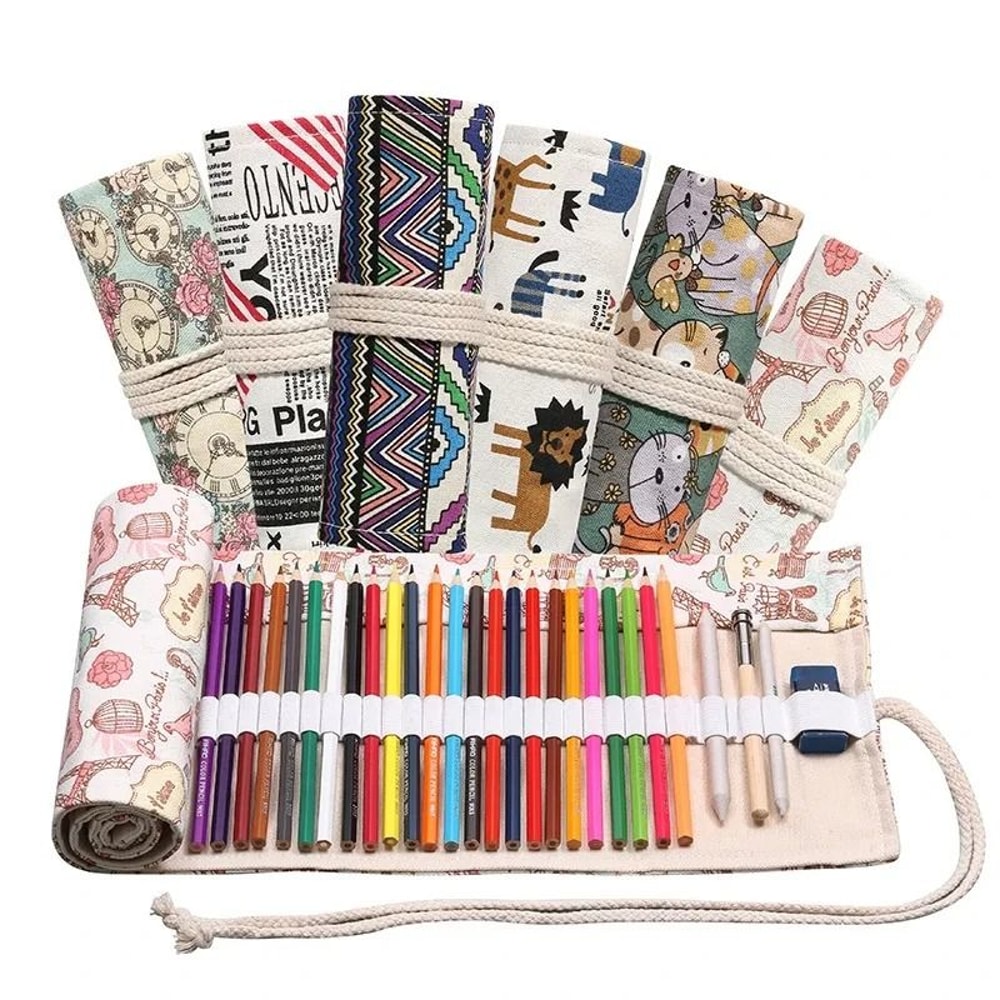 Canvas Roll Up Pencil Case With 12 Slots For Organized School And Art Supplies 0