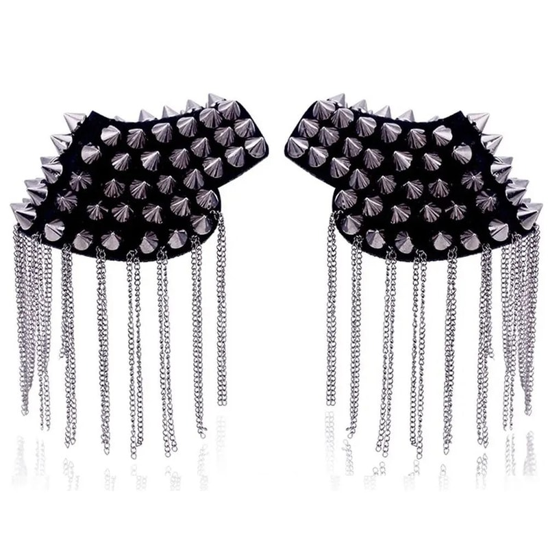 Punk Chain Tassel Shoulder Epaulet Brooch Pair With Rivet Metal Statement Design 7