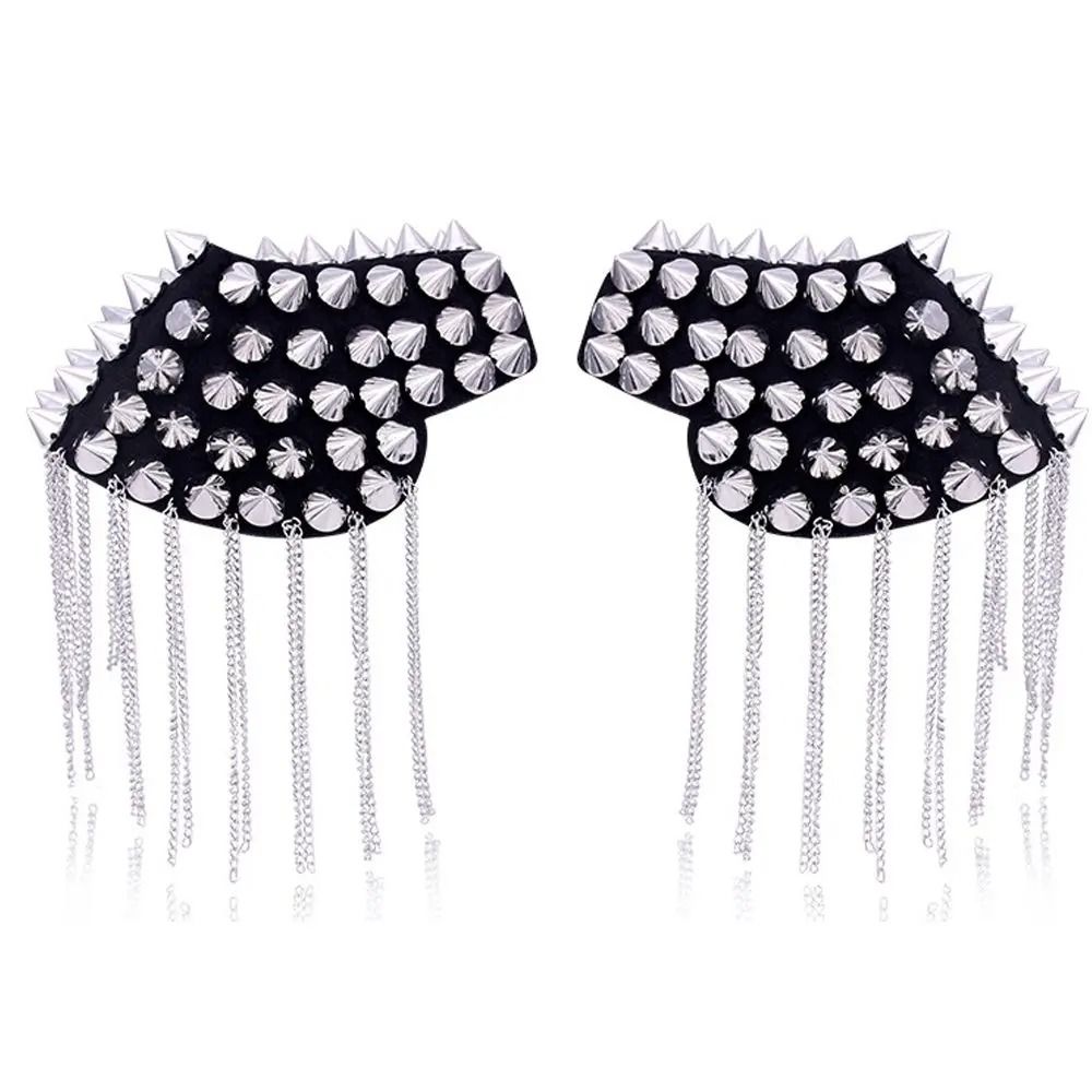 Punk Chain Tassel Shoulder Epaulet Brooch Pair With Rivet Metal Statement Design 10