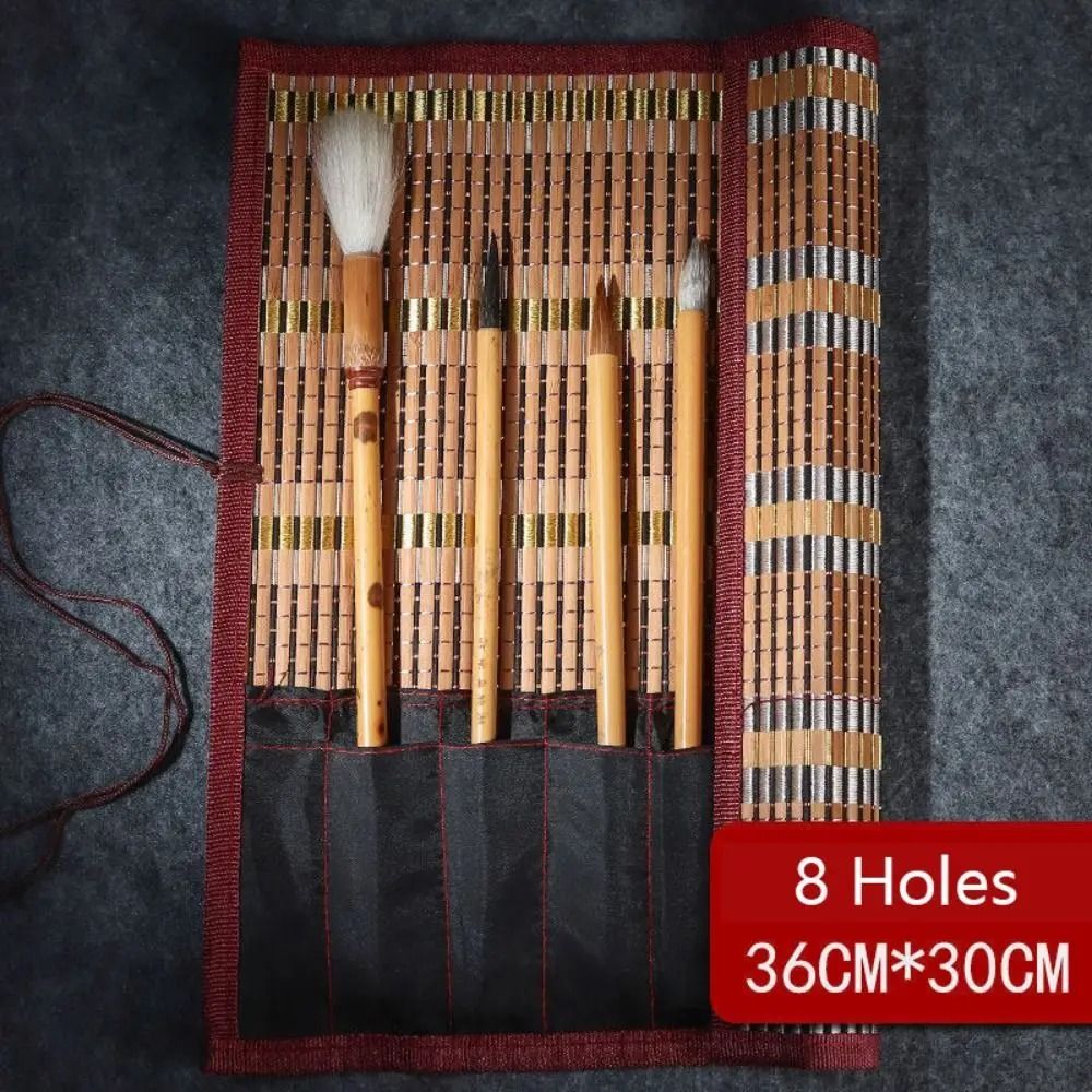 Retro Bamboo Calligraphy Brush Roll Up Case For Painting Art Supplies 8