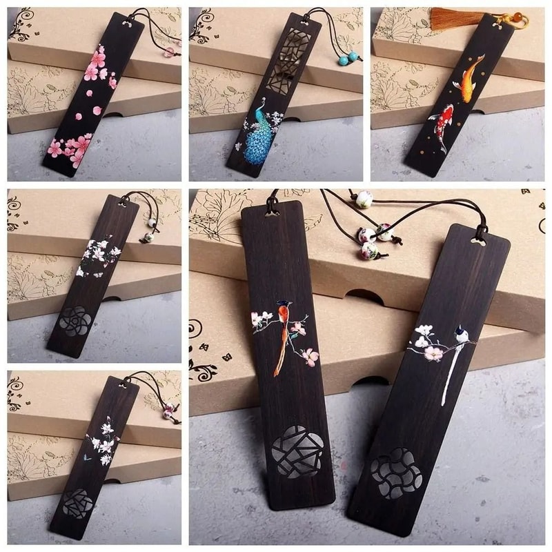 Chinese Style Ebony Wooden Bookmark With Retro Carved Design 0