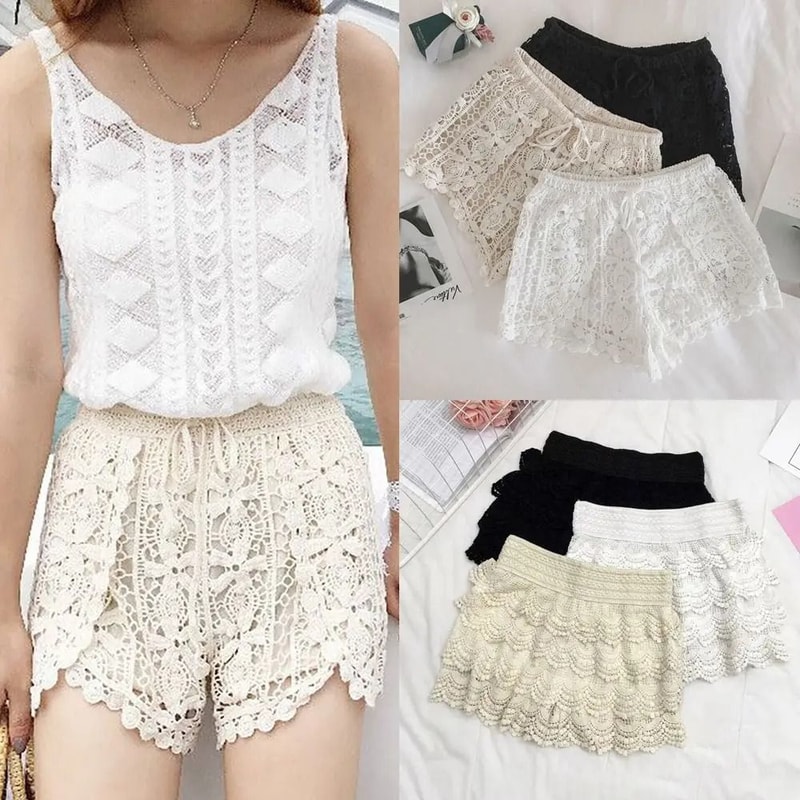 Womens Boho Crochet LaceUp Shorts With High Waist Design 0