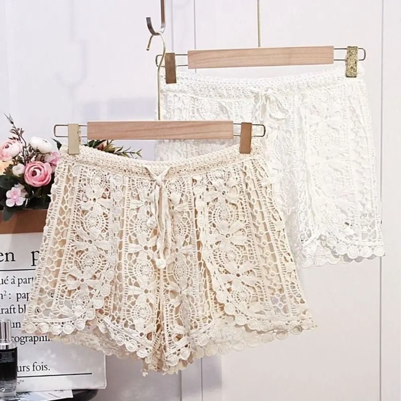 Womens Boho Crochet LaceUp Shorts With High Waist Design 3