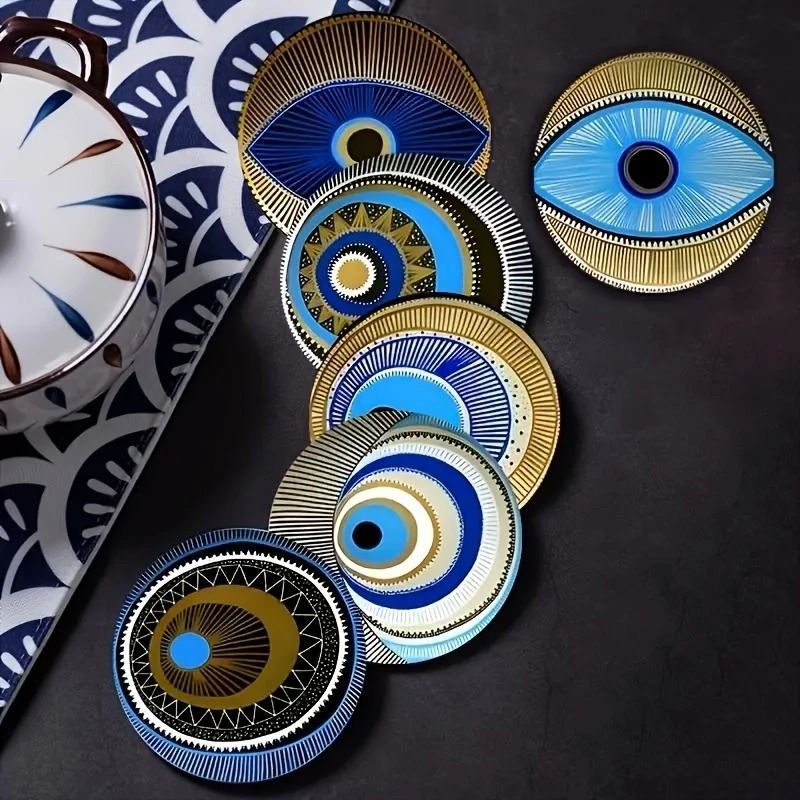 6Piece Wooden Evil Eye Coaster Set With Holder For Home Decor 0