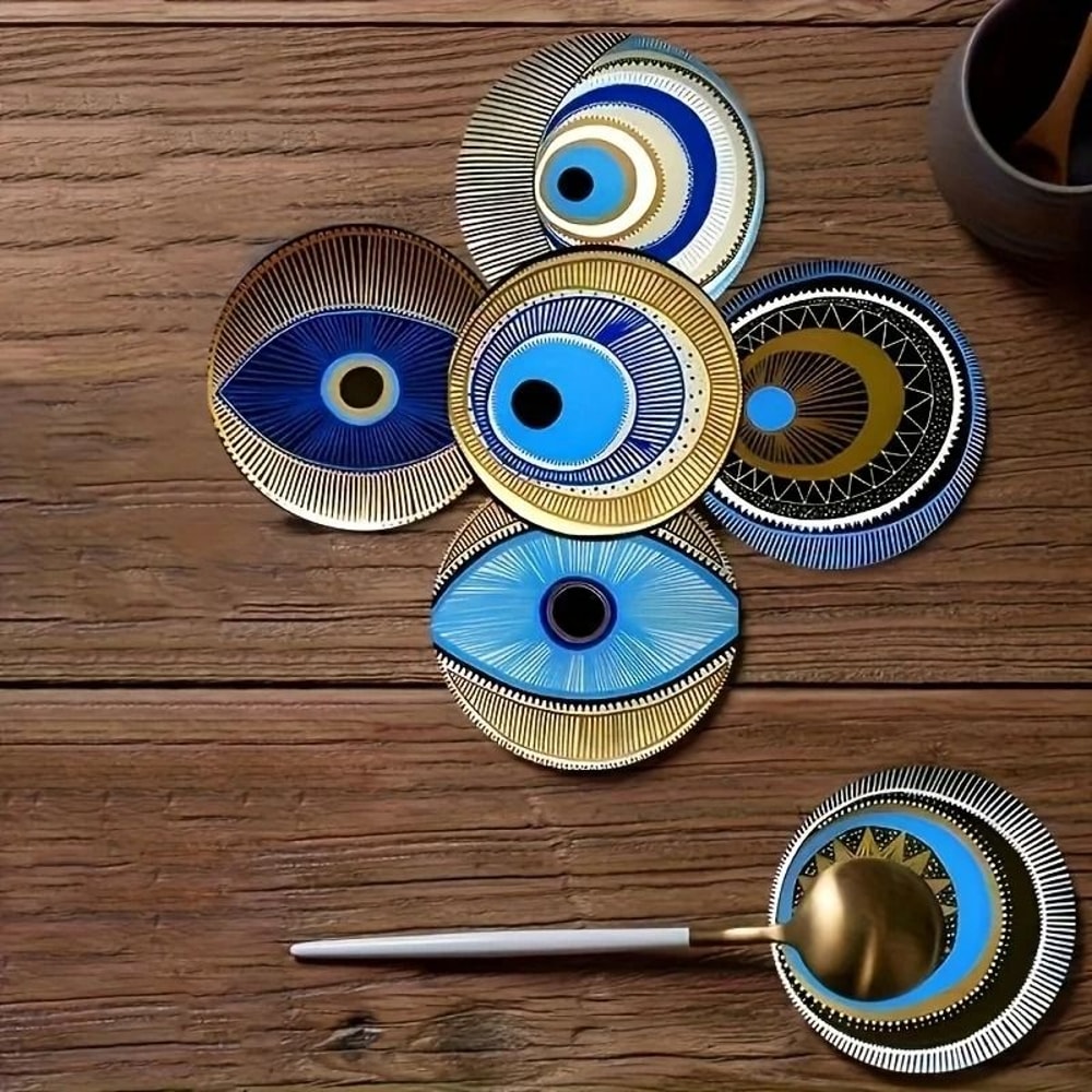 6Piece Wooden Evil Eye Coaster Set With Holder For Home Decor 2