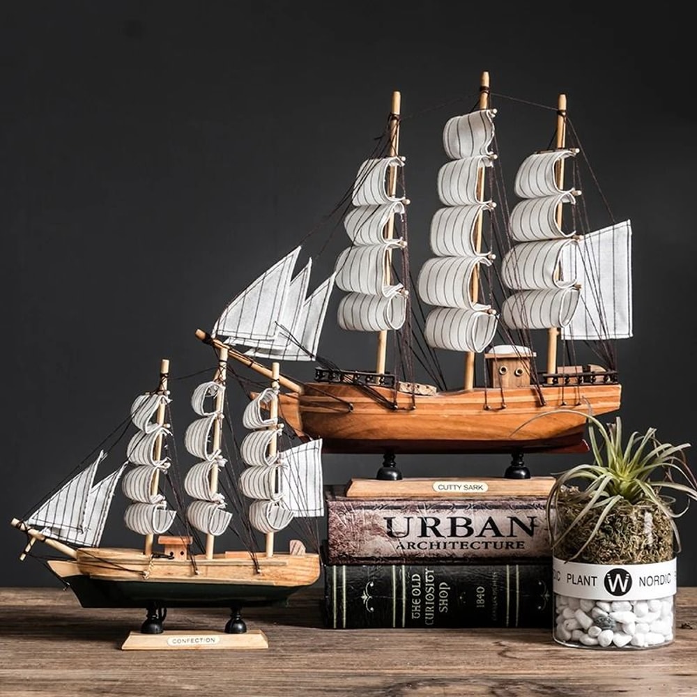 Mediterranean Wooden Sailboat Model Nautical Home Decor For Living Room Office 3