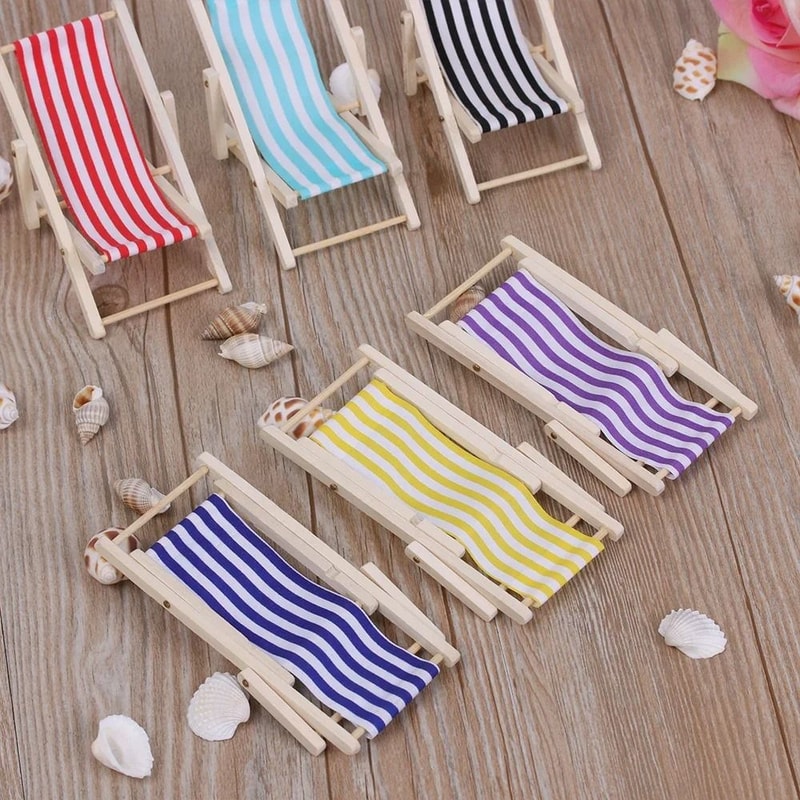 Mini Wooden Folding Beach Chair Set For 1to12 Dollhouse Miniature Beach Scenes 0