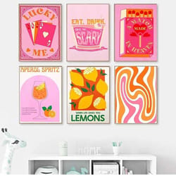 retro strawberry lemon cocktail canvas wall art print for kitchen & bar decor