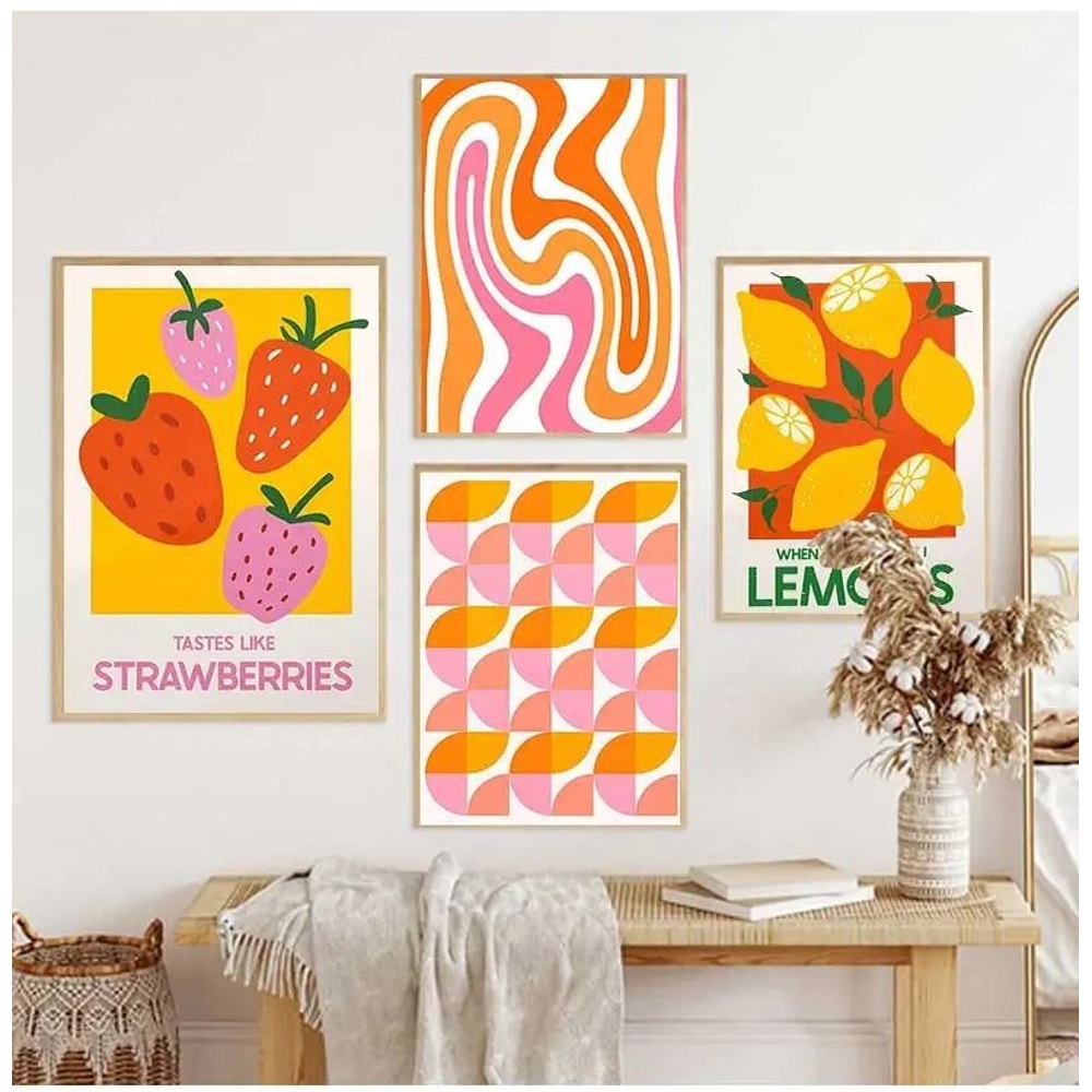 Retro Strawberry Lemon Cocktail Canvas Wall Art Print For Kitchen Bar Decor 3