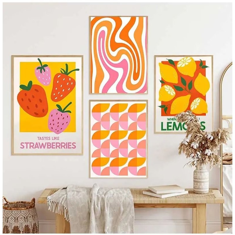 Retro Strawberry Lemon Cocktail Canvas Wall Art Print For Kitchen Bar Decor 3