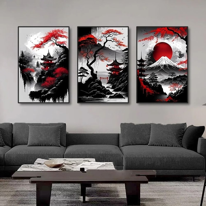 3PCS Vintage Japanese Landscape Canvas Wall Art Set For Modern Japandi Home Decor 2