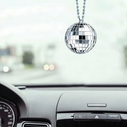 hanging disco ball car mirror ornament with reflective sparkle design