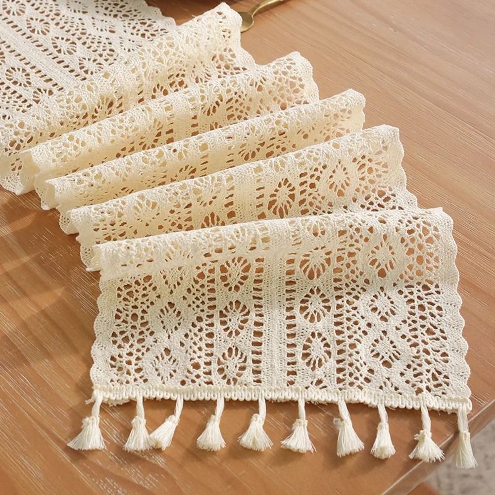 Vintage Beige Crochet Lace Table Runner With Tassels For Coffee Tables Wedding Decor 0