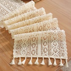 vintage beige crochet lace table runner with tassels for coffee tables & wedding decor