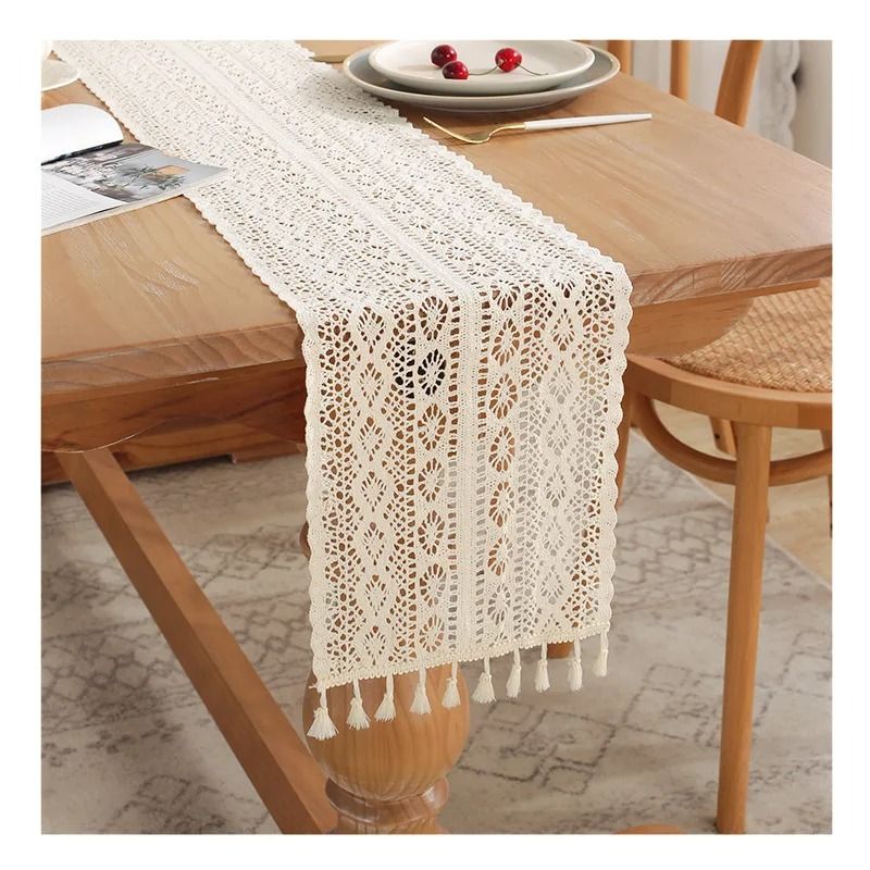 Vintage Beige Crochet Lace Table Runner With Tassels For Coffee Tables Wedding Decor 1