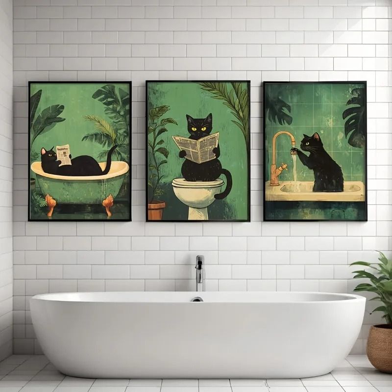 Funny Black Cat Bathroom Wall Art Canvas Set 1