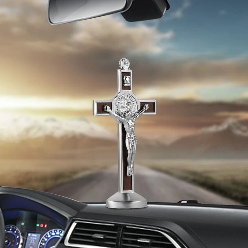 Metal Jesus Cross Car Dashboard Ornament Wooden Crucifix Interior Decor 1